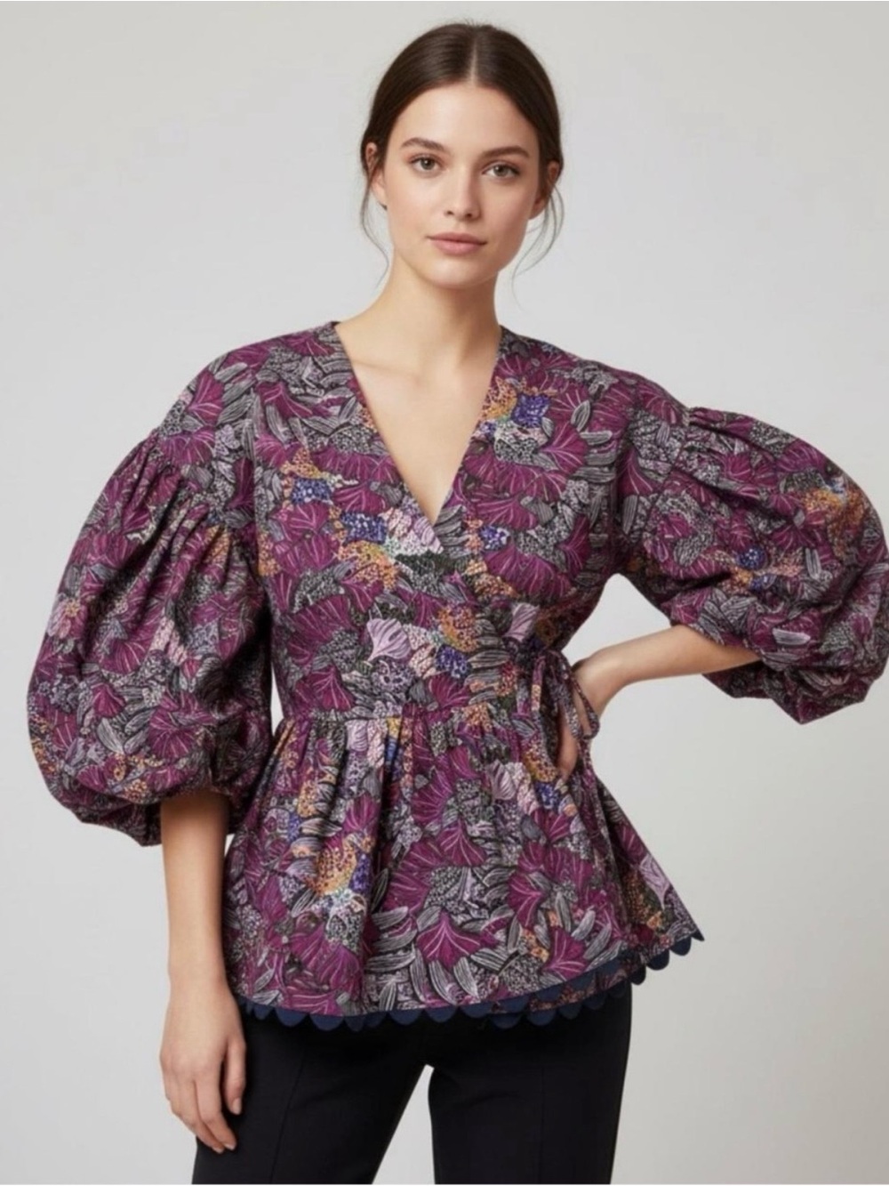 Kika Vargas For Target XXS Floral Wrap Peplum Blouse Purple Pink Puff Sleeve Top